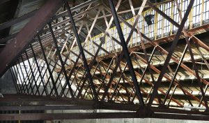 Metal trusses of a roof structure in an industrial building