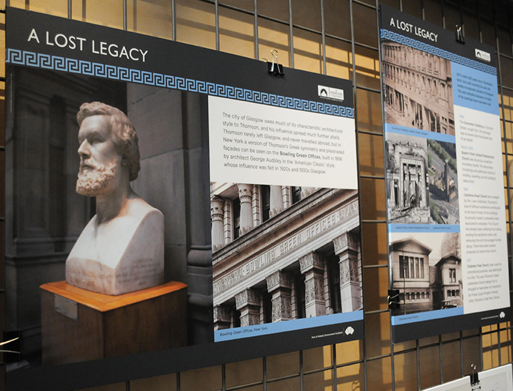 Exhibition panels with photos and information about Alexander Thomson on them