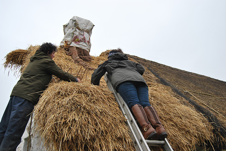 Two thatchers get to work thatching the roof of The Cruck Cottage