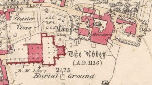 An old map featuring melrose abbey and the surrounding area