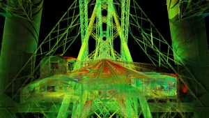 A green and red point cloud of a section of the Forth Bridge