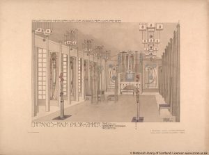 A drawing by Charles Rennie Mackkintosh of a music room