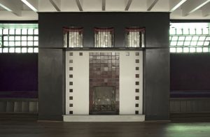 Charles Rennie MacIntosh black and white fireplace with purple tiles