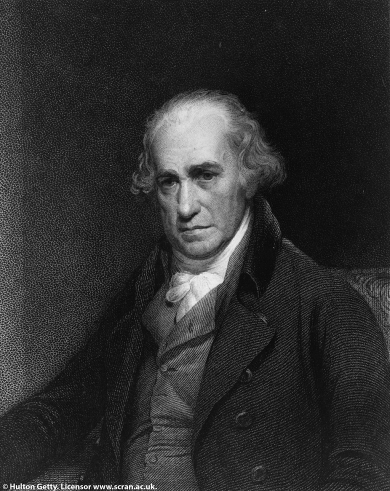 A black and white portrait of James Watt wearing a waistcoat, shirt and jacket