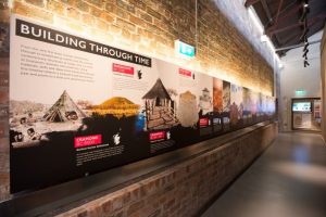 Exhibition panels at the Engine Shed about buildings through time
