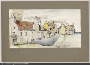 A drawing of a row of traditional cottages