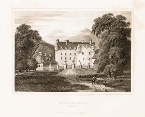 A black and white drawing of a castle in the countryside