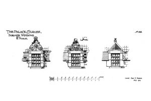 A sketch of three decorative dormer windows