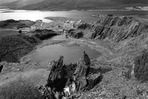 A black and white archive image of a slate quarry