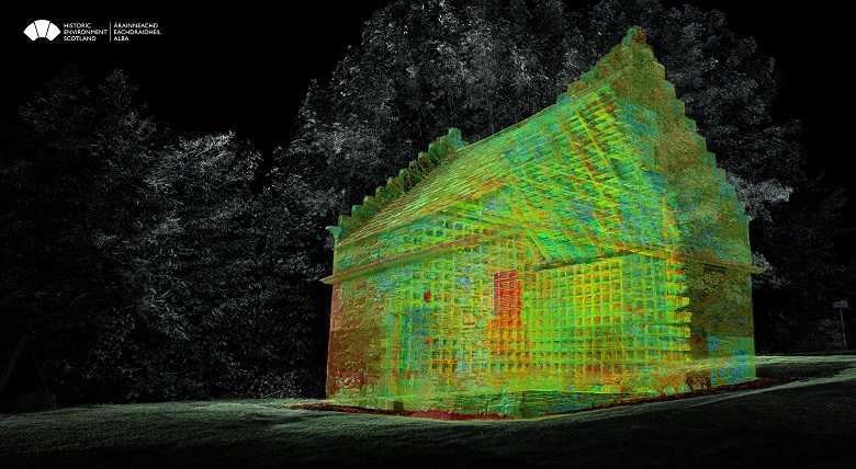 A 3D point cloud image looking through the walls of a large, square dovecote building.