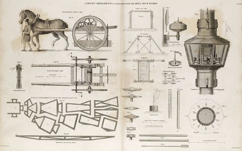 Drawings including a horse and cart and various parts of the Bell Rock lighthouse