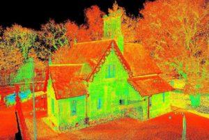 A colourful thermal image of a historic lodge