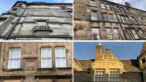 Four buildings in Edinburgh, each with different date stamps carved into the stone