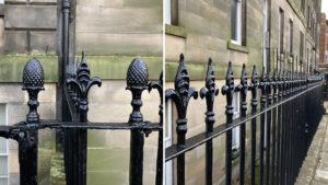 Decorative, black ironwork railings