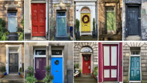Brightly coloured tenement doors