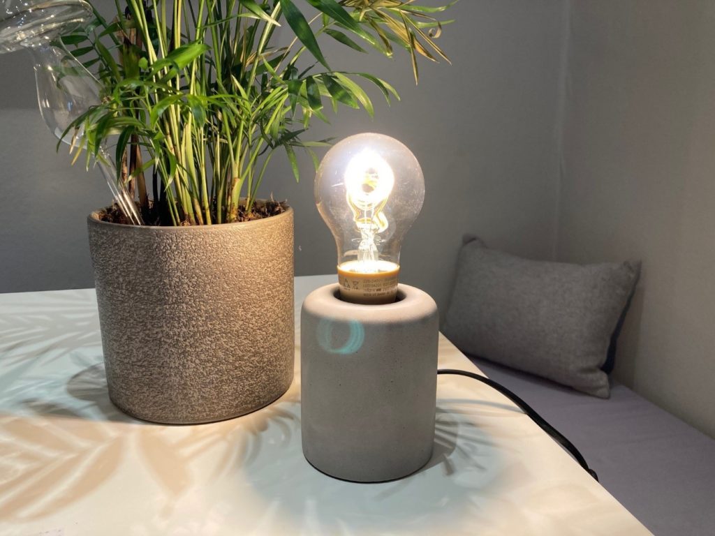 A led bulb in a lamp on a table with a houseplant