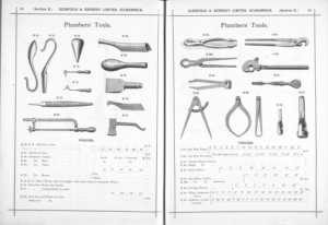 Illustrations of plumbers tools, and descriptions and prices for each tool