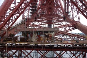 Scaffolding set up on a section of a laScaffolding set up on the Forth Bridge, part of a project to paint the bridge in 2011