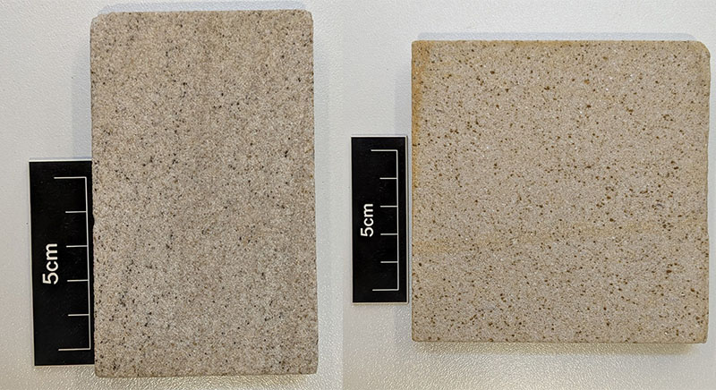 Two stone samples. One is rectangular and one is square. They are both of a similar colour and pattern - a light beige colour with speckled black and white dots.