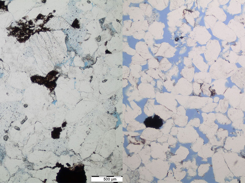 Two different stones viewed from under a microscope. One is mostly made up of white with some black patches in it, the other is made up of smaller white sections divided by many small blue sections with a few black sections.