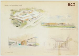 Image is a series of architectural drawings in pencil, drawn on the same page. The pictures show plans for a 1970s style hexagonal building, from above and in cross section.