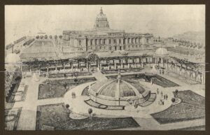 Image is a detailed pencil drawing of a proposal for Dundee urban development in 1910. There is a large columned building in the background, with a circular enclosed structure in the foreground, situated in a square grass garden. There are drawings of people walking around the area.