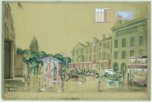 Image is a painting of a street around a hundred years ago, showing old fashioned cars and buses moving along, with stylised images of people in 1930s dress on the pavement.