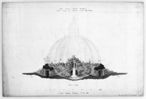 Image is a pencil drawing from 1880, featuring a section of Princes Street Gardens in Edinburgh. The drawing shows a small section of rock garden with a waterfall in the centre. The entire garden is enclosed in a spherical glass and girder dome.