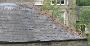 A roof of a traditional building showing several rows of slipped and misaligned slates. The roof looks in need of repair. Behind the roof is the side of a tenement building and some trees.