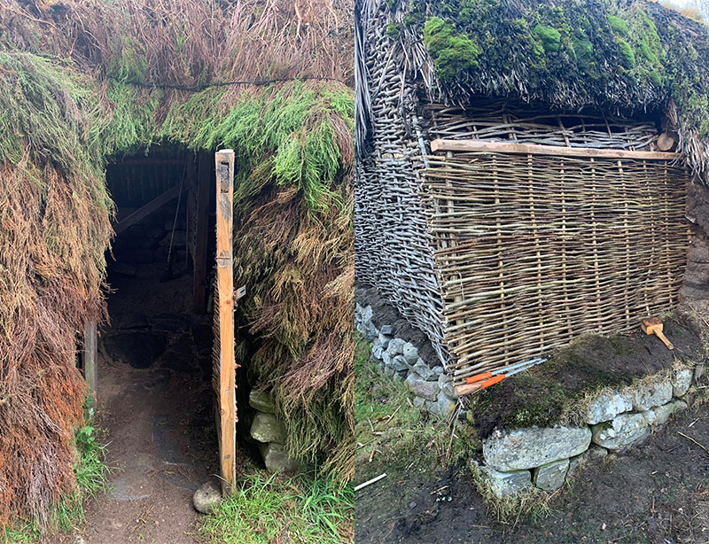 A repaired entrance into a thatched building. The entrance is a door weaved from natural materials