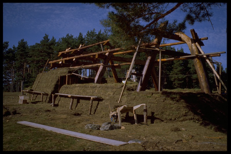 A rural building in construction. The roof and frame is made up of wooden logs and beams. Turf is being build up around the frame from the ground up.