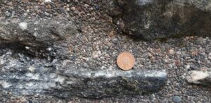 Close-up detail of a stripe of mortar between two historic stones. In the mortar are a series of small, different coloured shards of stone and shells, with a one penny piece for scale.