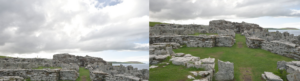 A composition of two images of an ancient broch, with one showing more of the sky and other more of the detail of the ancient stones.