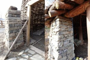 A composite image of two views of a dry stone column supporting a traditional woven wood roundhouse.