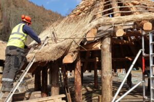 A person standing on the lower rungs of a ladder working on a thatched roof of a traditional roundhouse building. They are wearing a high visibility jacket and a protective hard hat and ear defenders.