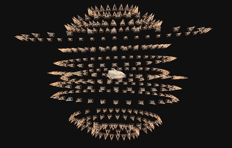 The 3D model of Mary Queen of Scot's death mask is in the middle, facing upwards. Surrounding the death mask is over 13 rings made up of cone-like graphics.