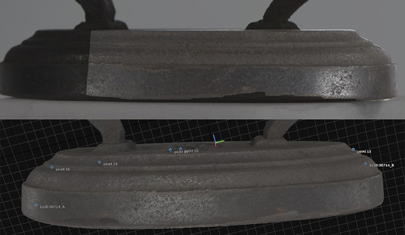 One 3D iron model shows black marks on the iron. The other 3D iron model shows some strange textures on the iron.