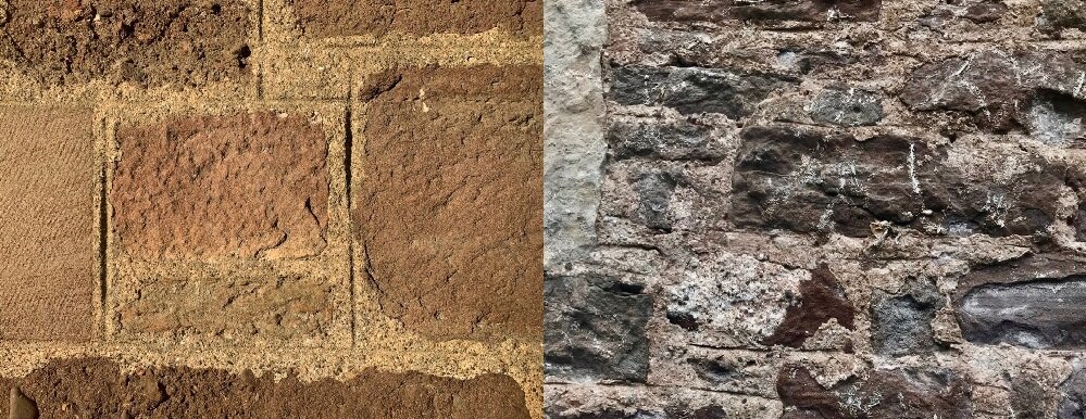 Two contrasting images of weathered exteriors of historic buildings seen in closeup. One is brown and lined, the other darker and more irregular.