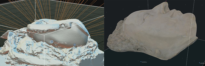 On the left, the 3D model of Mary Queen of Scot's death mask is facing downward on a platform. On the right, the mask is facing upwards.