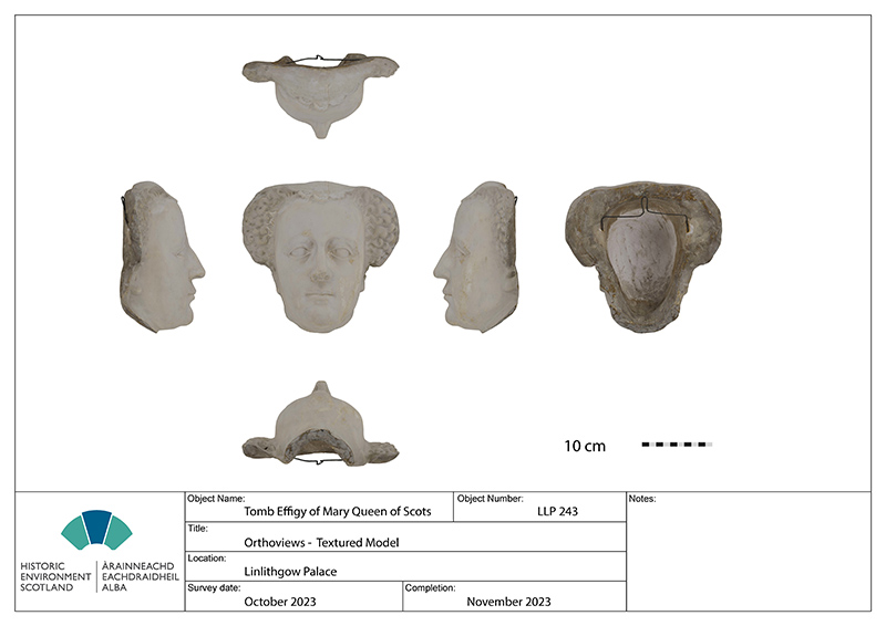 Six images of the Mary Queen of Scots death mask 3D model. They each show the mask from a different angle, showing the back, front and sides of the mask. The mask is of Mary's face, with her lips pursed, and curled hair tightly wound in two buns either side of her head.