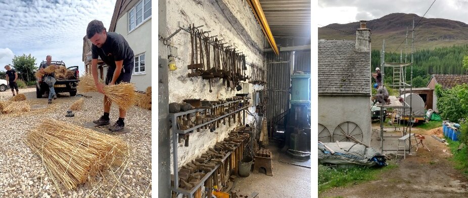 A collage of three images. From left to right, a person gathers thatch into a bundle in front of a house, then a shed with old tools on the walls, and finally a person up a scaffold working on the wall of an old building surrounded by hills and trees.