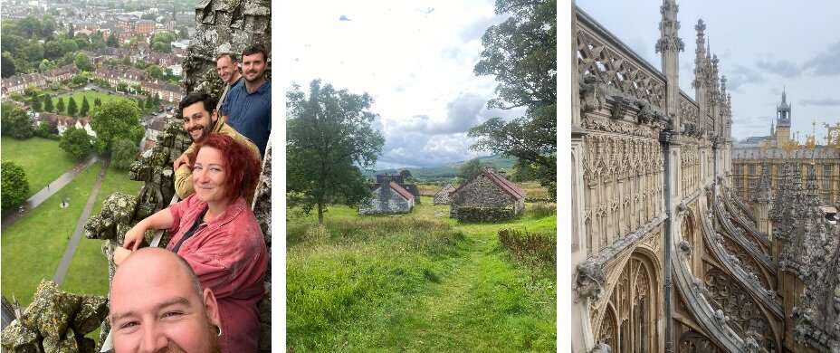 A collage of three images. From left to right, a group of people standing on a narrow balcony of a cathedral overlooking a town, a pair of very old buildings in a clearing of a wood, and the ornate stonework of Westminster Abbey in London.