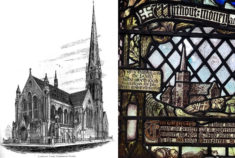 A collage of two images of a historic church. One is a etching of the exterior of the church, which has a large gable end and a tall spire, and the other is a stained glass window of a colourful church and a series of lettering panels against a cross-hatched black background.