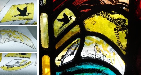 A collage of close-up stained glass illustrations, of herons and fish. One of the herons is flying, the other standing in some reeds. The fish is upside down in the window.