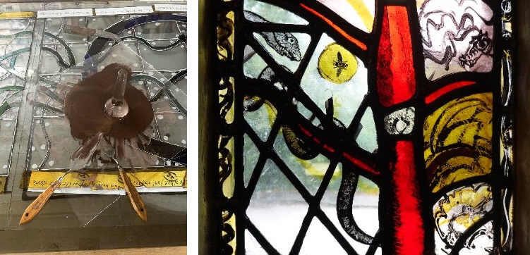 A pair of images with stained glass window making tools on one side, and a close up of a window featuring a snake coiled around a branch looking at a fly.