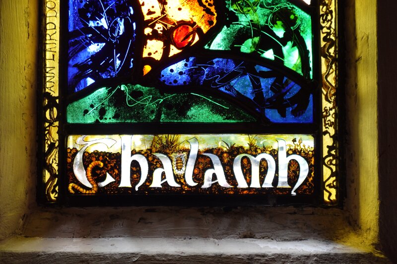 Close-up detail of the bottom half of a historic stained glass window. The colourful glass is bordered by thick black lines, and the Gaelic word 'Thalamh' at the base.