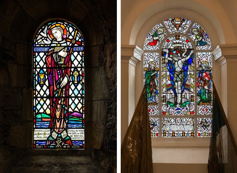 Two images of historic stained glass windows, the first is a saint holding a cross and the second Christ on the cross.