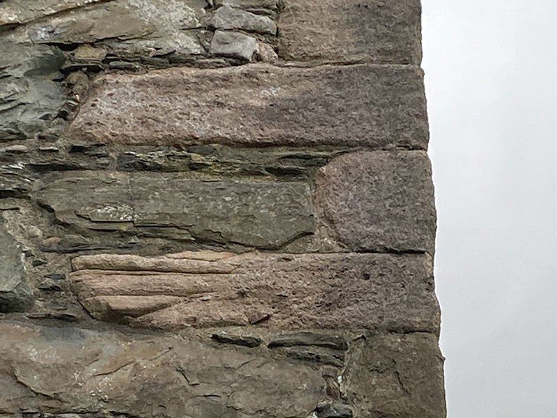 A wall made up of brown stone, where one type is less corroded than the other.