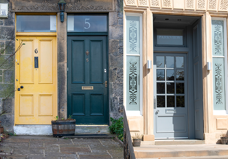 Three traditional doorways. One is darker blonde sandstone with a bright yellow solid wooden door and bright green one side by side. The other is a grey, glass panelled wooden door flanked by two long, thin windows on a blonde sandstone building. All doors have a square transom light above them.