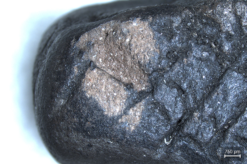 A close up of a black object made of stone, with one small damaged section which exposes lighter brown stone
